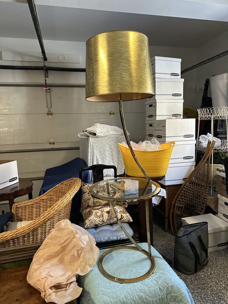 Fabulous 1960s brass and glass floor lamp with table 57.5t-overall. table is approx 18round and 21tall for pick up only