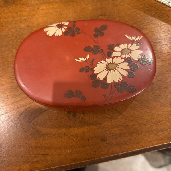 Oval Red Trinket Box with Daisies on lid