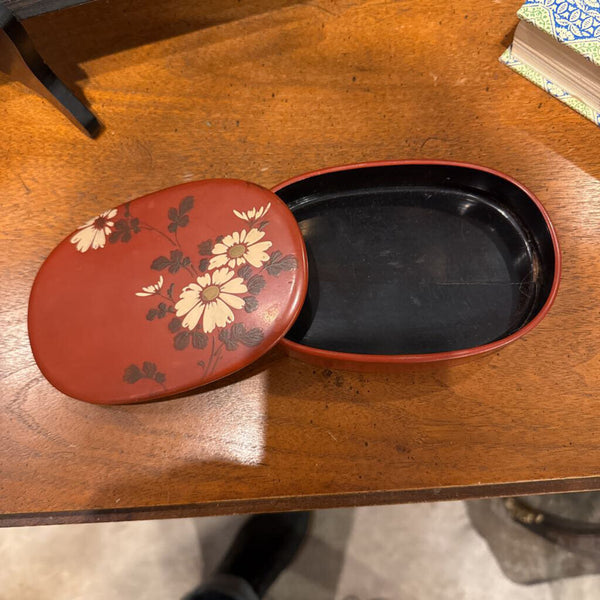 Oval Red Trinket Box with Daisies on lid