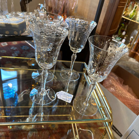Set of four etched depression, glass goblets