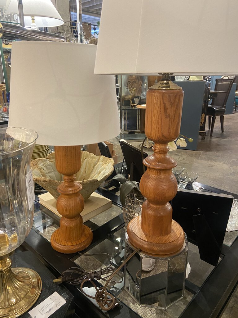 Pair of vintage turned wooden lamps and shades -a pair