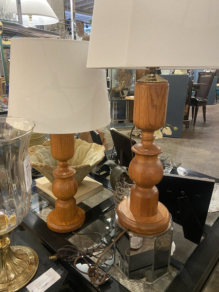 Pair of vintage turned wooden lamps and shades -a pair
