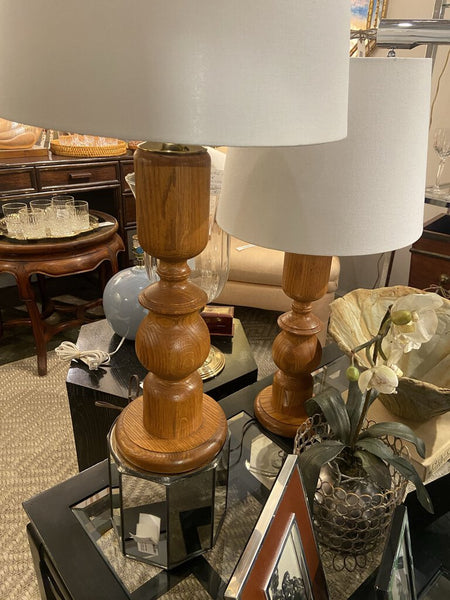 Pair of vintage turned wooden lamps and shades -a pair