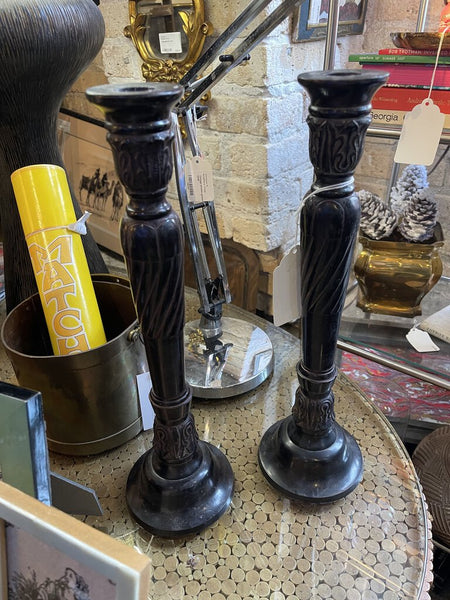 Pair tall bronzed candlesticks