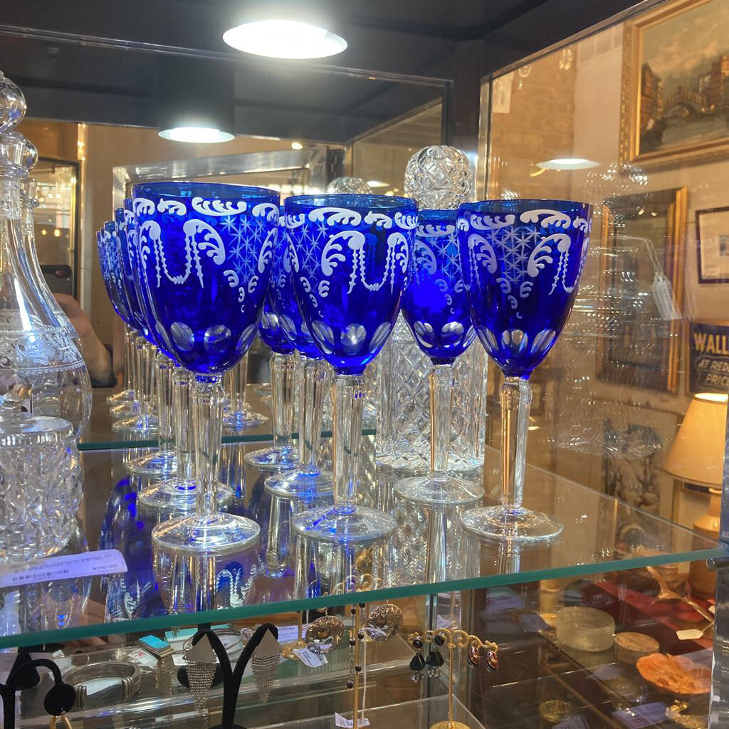 Set of 8 Bohemian Cobalt hand engraved stems (8"h, 3"w)