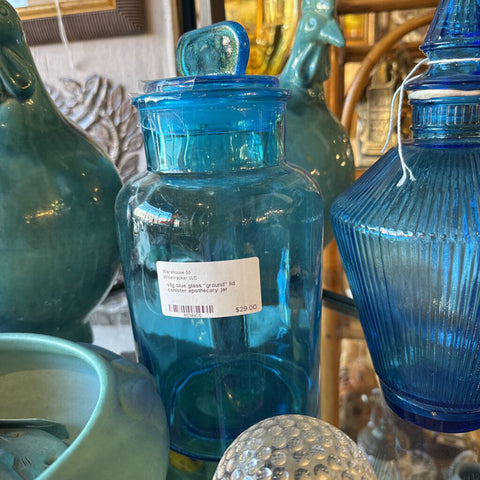 vtg blue glass "ground" lid canister apothecary jar