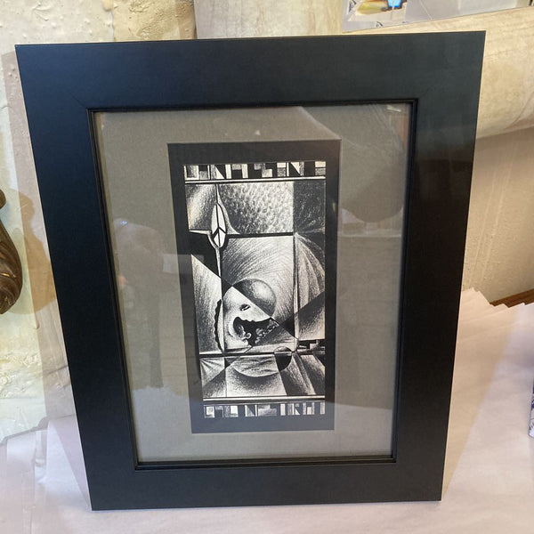Vintage b/w pencil drawing "creation" new matte/frame 15"h, 12"w