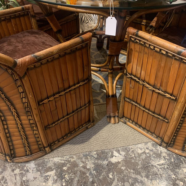 Vintage -Large SPLIT BAMBOO " SUNRISE Pattern Barrel Chairs - set of 4 with cushions and matching round table - 4 ft with glass top . In store pick up only