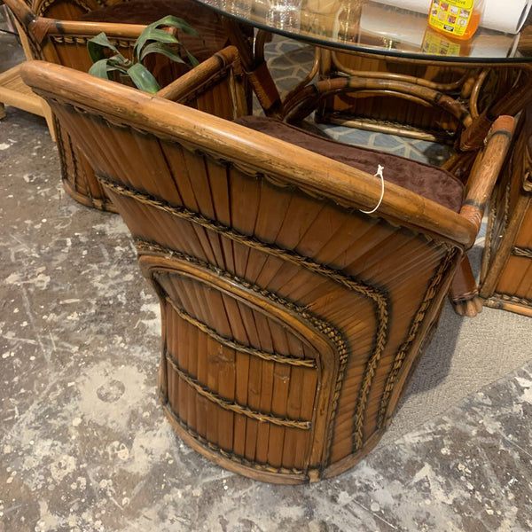 Vintage -Large SPLIT BAMBOO " SUNRISE Pattern Barrel Chairs - set of 4 with cushions and matching round table - 4 ft with glass top . In store pick up only