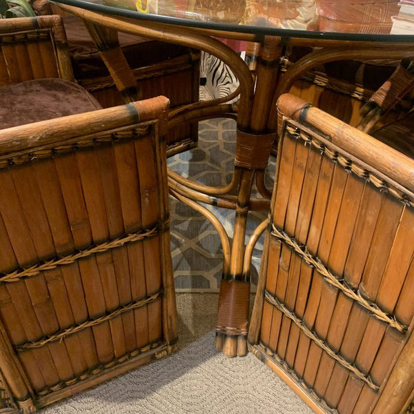 Vintage -Large SPLIT BAMBOO " SUNRISE Pattern Barrel Chairs - set of 4 with cushions and matching round table - 4 ft with glass top . In store pick up only
