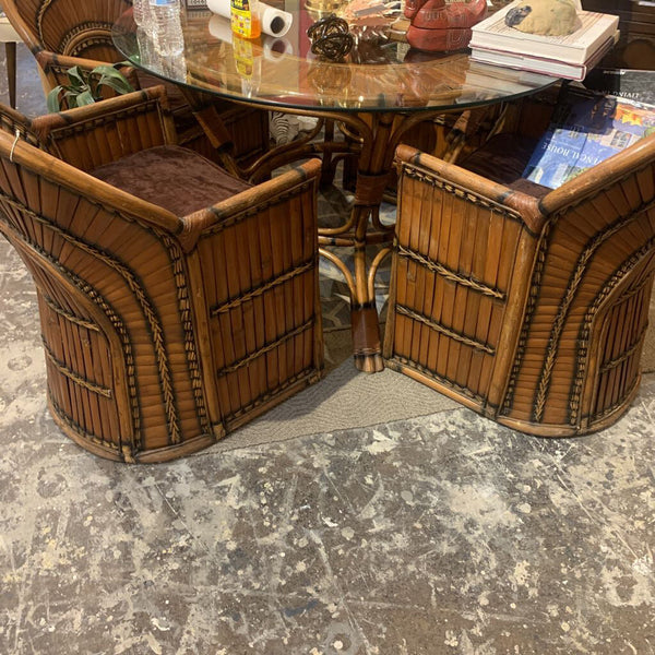 Vintage -Large SPLIT BAMBOO " SUNRISE Pattern Barrel Chairs - set of 4 with cushions and matching round table - 4 ft with glass top . In store pick up only