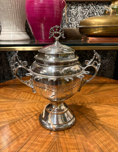 ANTIQUE QUADRUPLE SILVER ORNATE HANDLED, FOOTED AND LIDDED BOWL | 9.5"H X 8"W