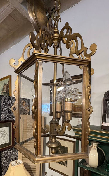 VINTAGE BRASS LANTERN STYLE PENDANT CHANDELIER | 17.5" H X 10" W