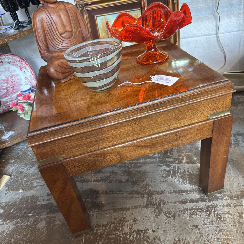 Lane Mcm Asian inspired low Campaign tables with Burl top and brass mounts for pick up only 16.5t x20x18