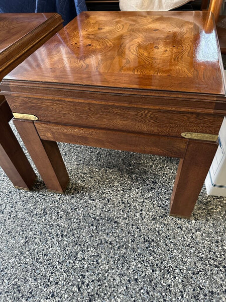 Lane Mcm Asian inspired low Campaign tables with Burl top and brass mounts for pick up only 16.5t x20x18