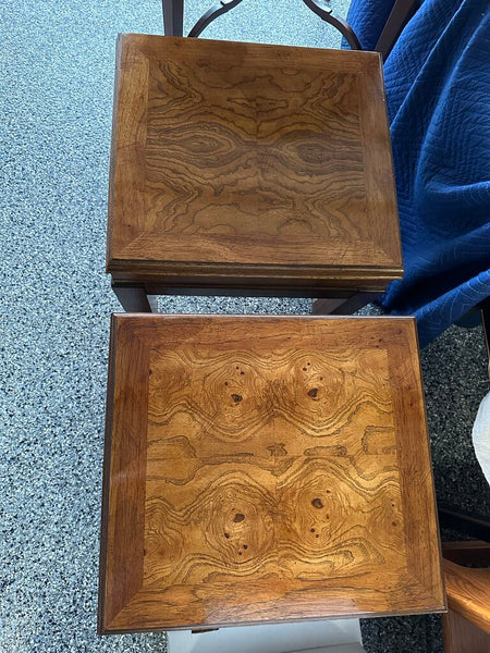 Lane Mcm Asian inspired low Campaign tables with Burl top and brass mounts for pick up only 16.5t x20x18