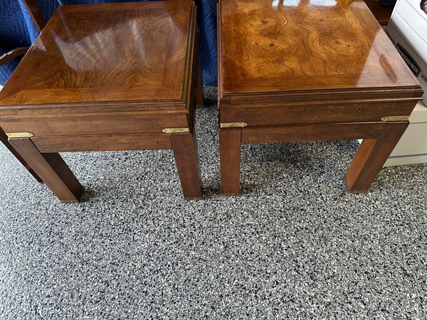 Lane Mcm Asian inspired low Campaign tables with Burl top and brass mounts for pick up only 16.5t x20x18