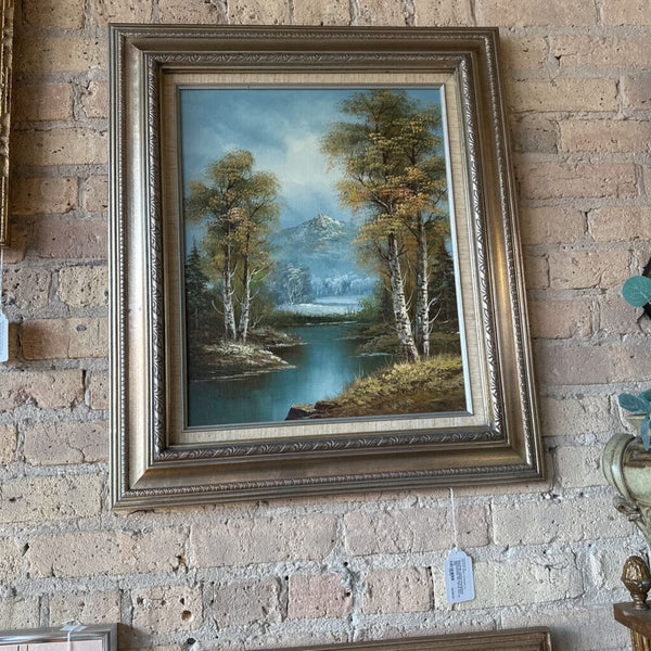 Beautifully painted mountainous scenic oil painting by N Walton approximately 24 x 28 for pick up only