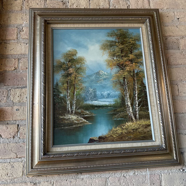 Beautifully painted mountainous scenic oil painting by N Walton approximately 24 x 28 for pick up only