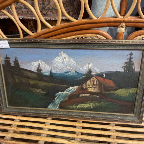Vintage oil painting Mountains Cottage 15x27