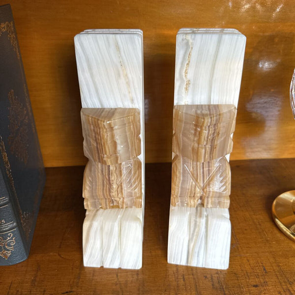 Lrg Mayan inspired vintage onyx carved bookend pair