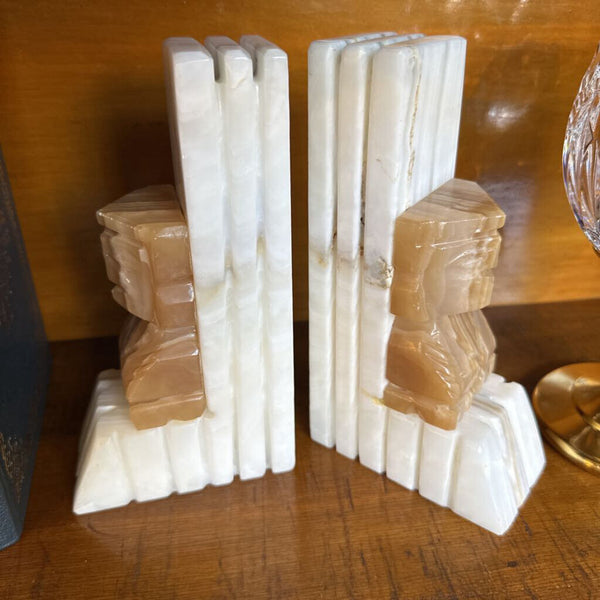 Lrg Mayan inspired vintage onyx carved bookend pair
