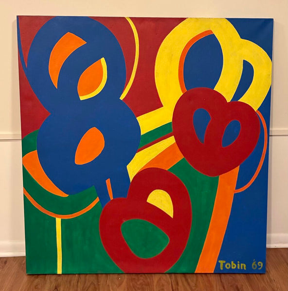 MID CENTURY 1969 ABSTRACT PAINTING BY ARTIST DAVID TOBIN | 48" H X 45.75' W