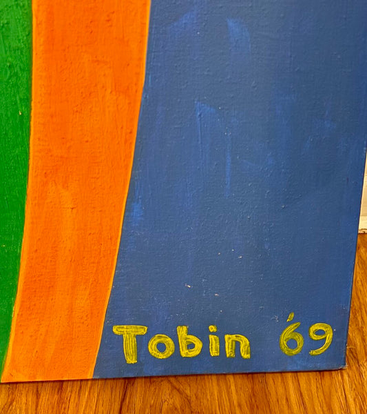 MID CENTURY 1969 ABSTRACT PAINTING BY ARTIST DAVID TOBIN | 48" H X 45.75' W