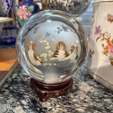 Reverse Dog Painted Glass Orb and base