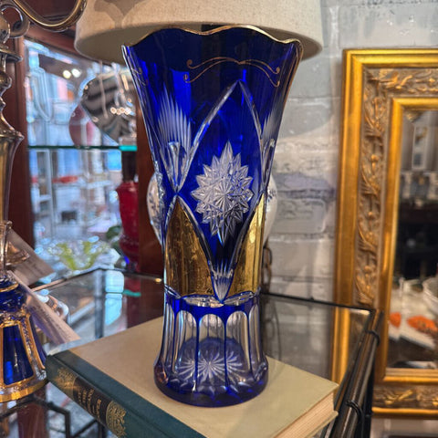 Blue and Gold Cut Crystal Vase