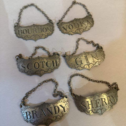 Set of 6 vintage Stieff Pewter Decanter Liquor tags