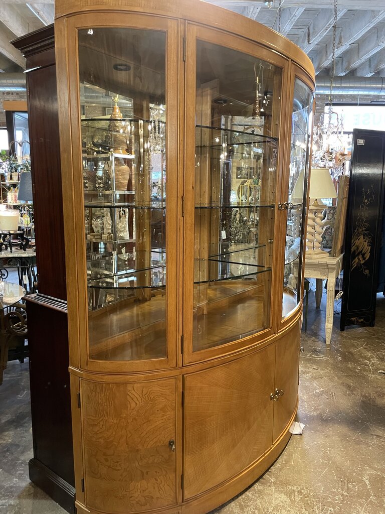 Bow Front Burl Wood China Cabinet 84 inches tall. 70 inches wide. 20 inches deep.