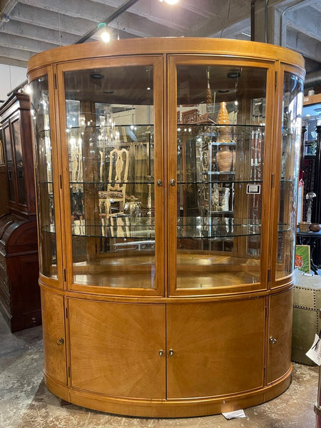 Bow Front Burl Wood China Cabinet 84 inches tall. 70 inches wide. 20 inches deep.