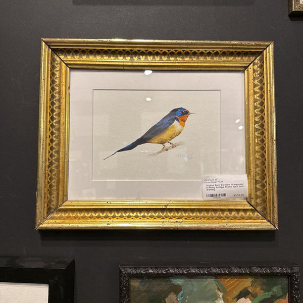 Original Barn Swallow Watercolor Drawing Antique Frame 10x12 bird drawing