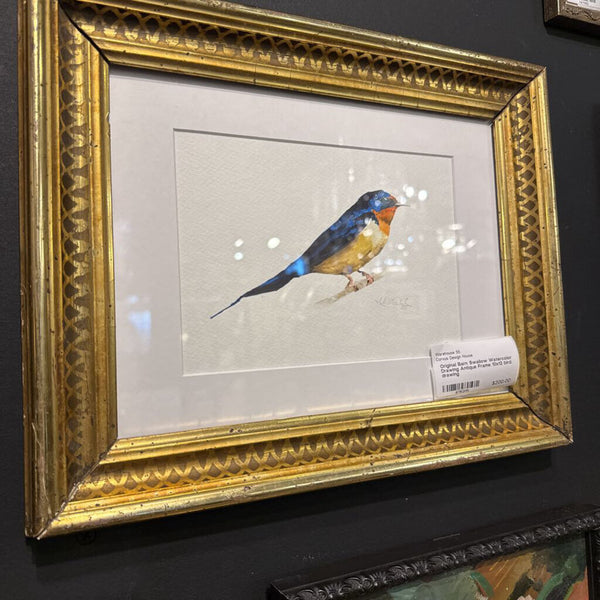Original Barn Swallow Watercolor Drawing Antique Frame 10x12 bird drawing