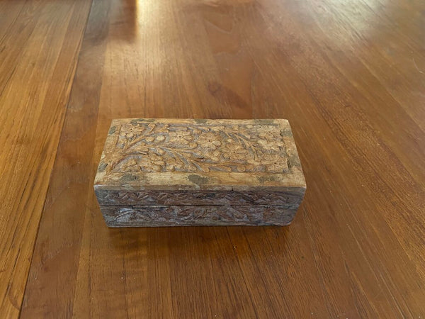 Antique Hand Carved Wood Stamp Box with Floral Design