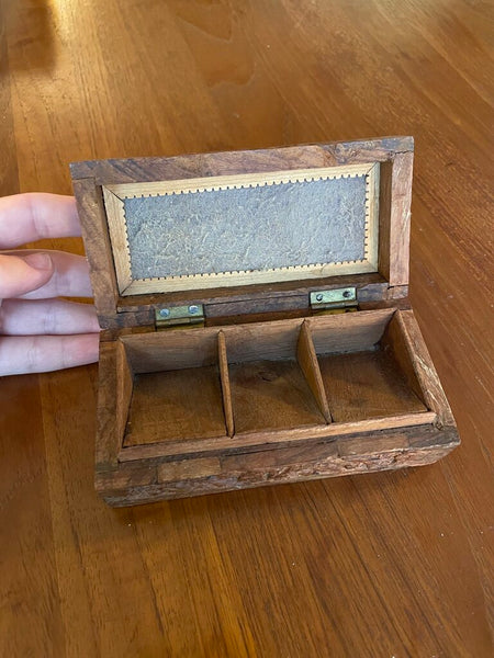 Antique Hand Carved Wood Stamp Box with Floral Design