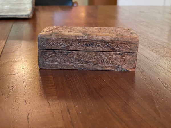 Antique Hand Carved Wood Stamp Box with Floral Design