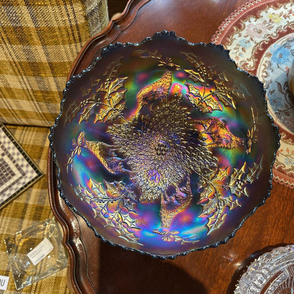 Fenton Stag and Holly 10.5 inch footed carnival glass bowl