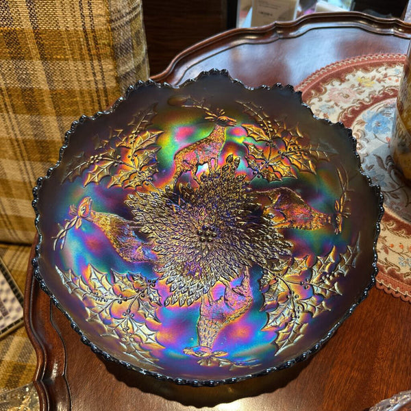 Fenton Stag and Holly 10.5 inch footed carnival glass bowl