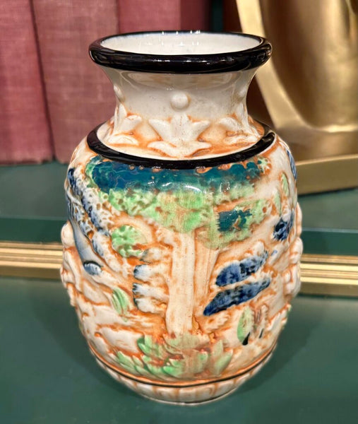 VINTAGE MAJOLICA STYLE CHINOISERIE VASE | 6.25"H X 3.75" W