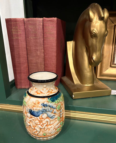 VINTAGE MAJOLICA STYLE CHINOISERIE VASE | 6.25"H X 3.75" W