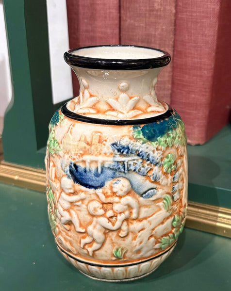 VINTAGE MAJOLICA STYLE CHINOISERIE VASE | 6.25"H X 3.75" W