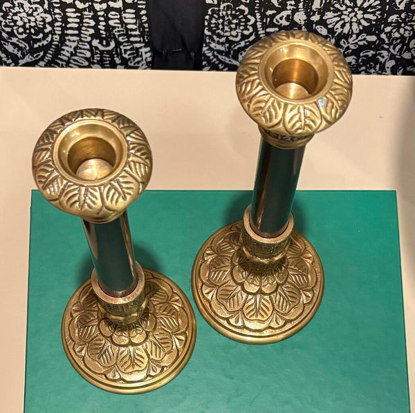 PAIR OF VINTAGE AGED BRASS & BLACK CANDLE HOLDERS | 9.5" H X 4" W