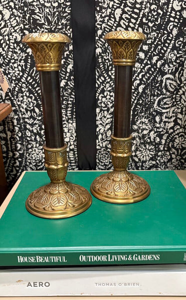 PAIR OF VINTAGE AGED BRASS & BLACK CANDLE HOLDERS | 9.5" H X 4" W