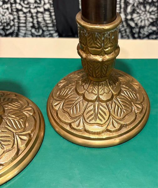 PAIR OF VINTAGE AGED BRASS & BLACK CANDLE HOLDERS | 9.5" H X 4" W