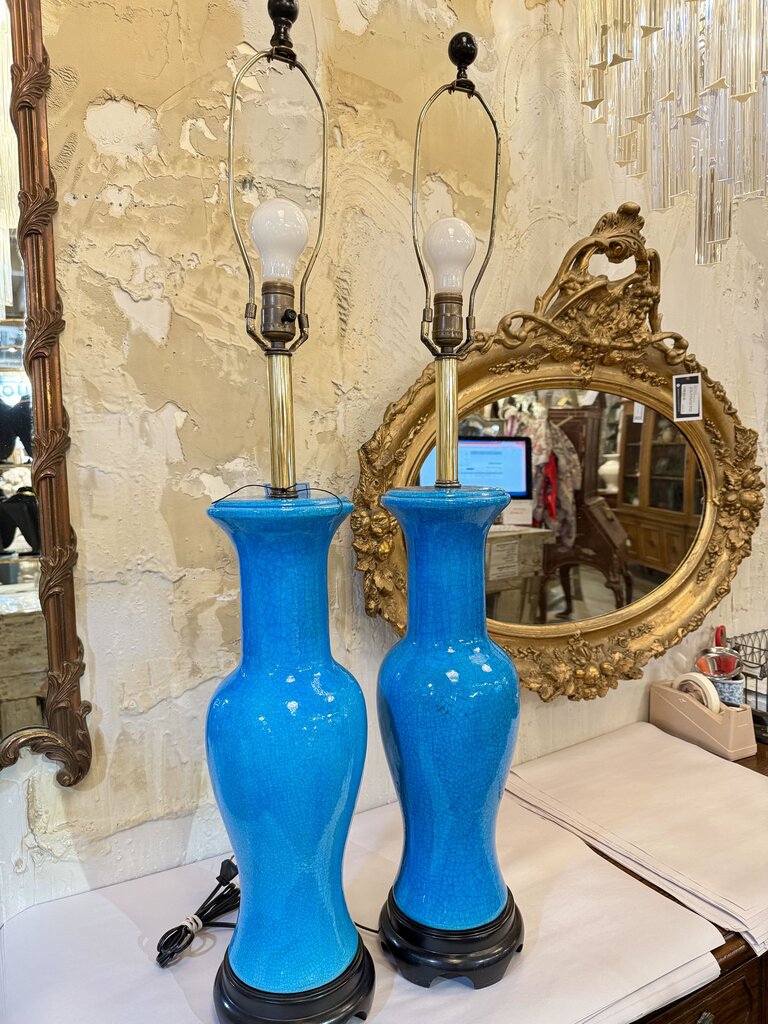 Pair of Frederick Cooper glazed blue ceramic lamps 21" tall 40" to top of finial PICKUP ONLY