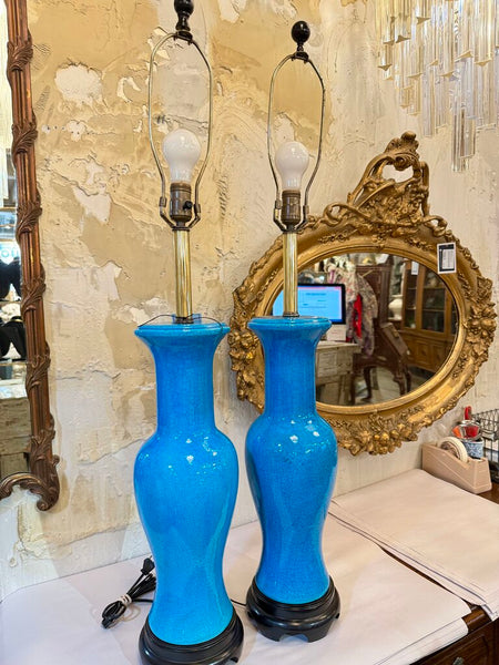 Pair of Frederick Cooper glazed blue ceramic lamps 21" tall 40" to top of finial PICKUP ONLY