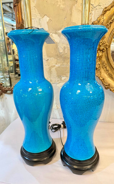 Pair of Frederick Cooper glazed blue ceramic lamps 21" tall 40" to top of finial PICKUP ONLY