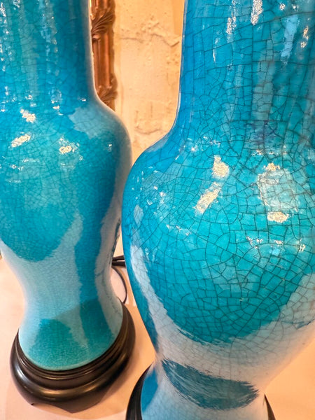 Pair of Frederick Cooper glazed blue ceramic lamps 21" tall 40" to top of finial PICKUP ONLY